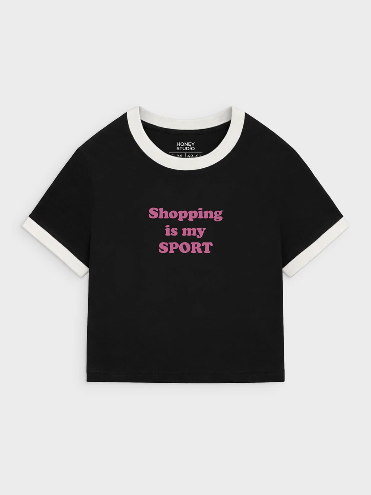 Футболка приталенная черная с принтом Shopping is my sport — миниатюра 1