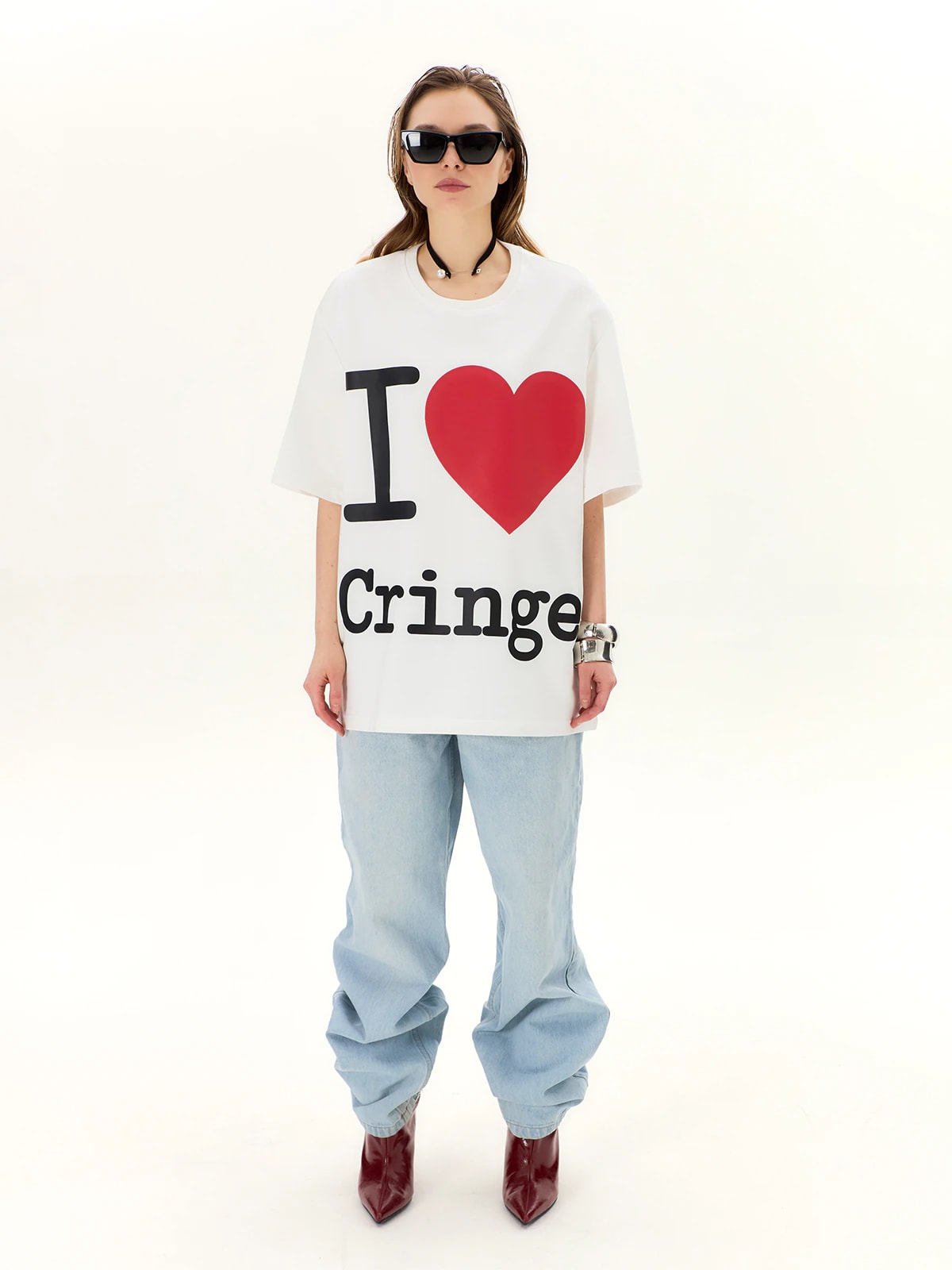 Футболка молочная с принтом I Love Cringe