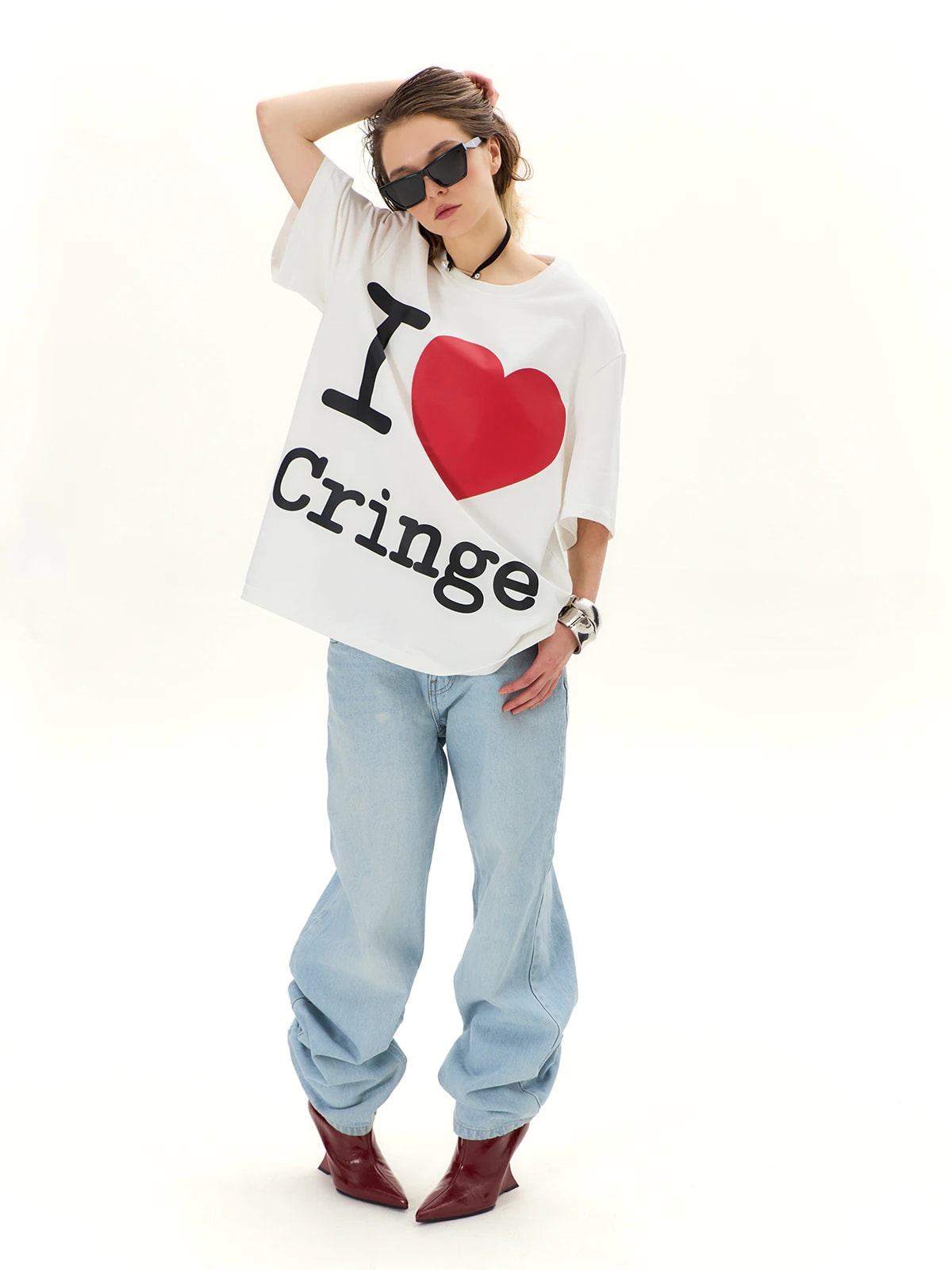 Футболка молочная с принтом I Love Cringe
