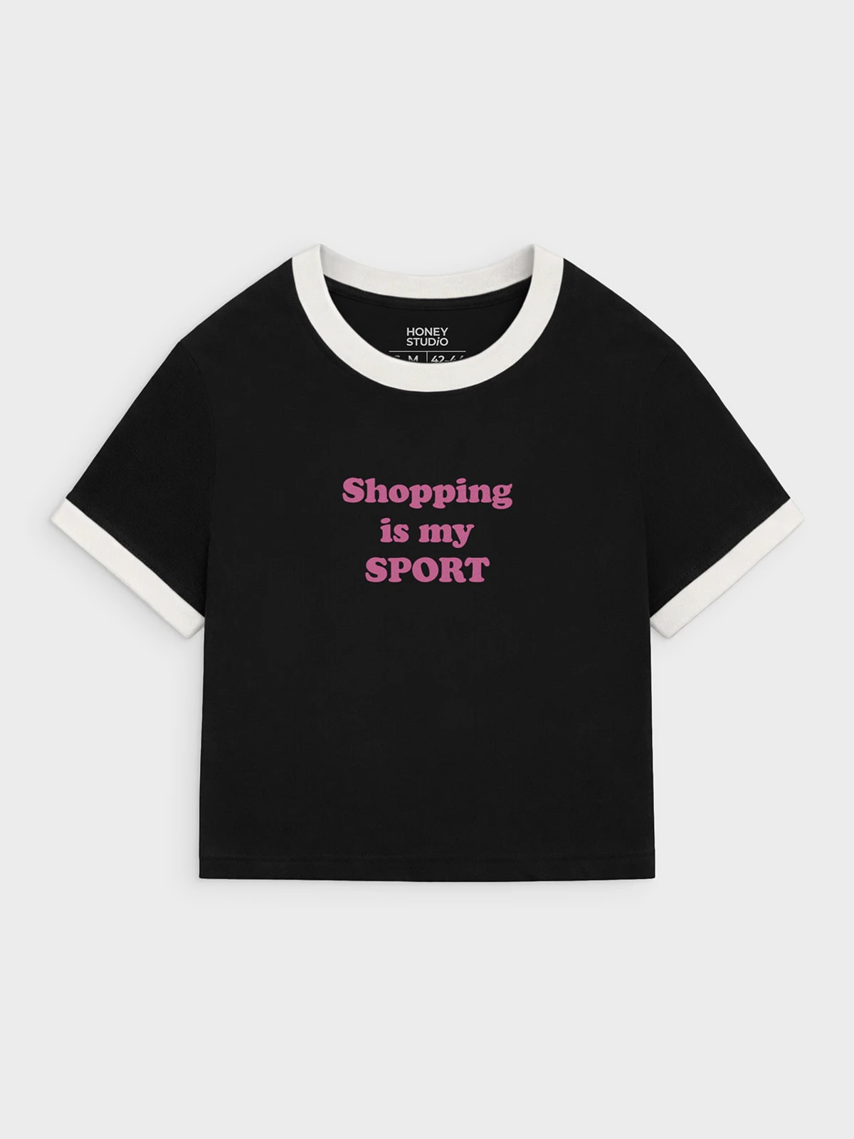 Футболка приталенная черная с принтом Shopping is my sport